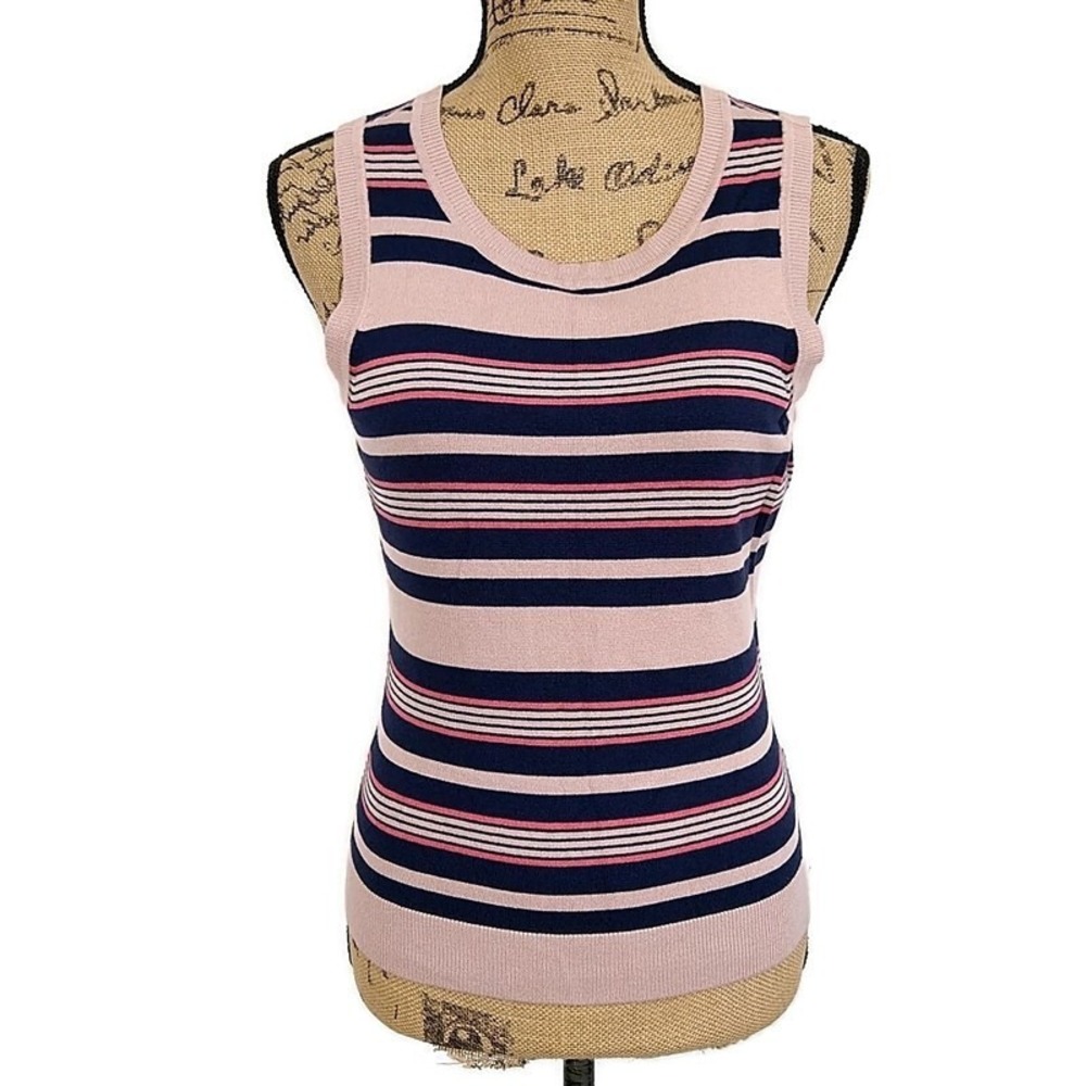 Halogen Knit Tank Top Womens L Pink Navy Striped Sleeveless Crew Neck Sweater